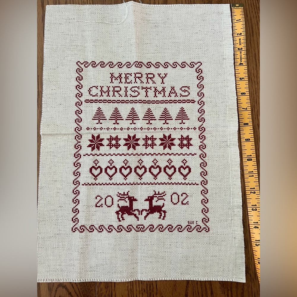 Merry Christmas Cross-Stitch Panel - Red on Cream Sampler Panel 2002